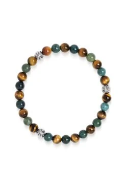 Nialaya 6mm Tiger Eye And Aquatic Agate Bracelet With Silver Balls
