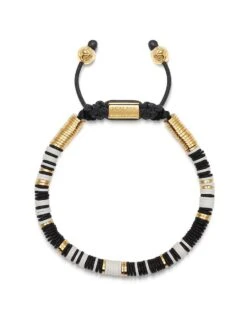 Nialaya Men's Beaded Bracelet With Black And White Disc Beads And Gold