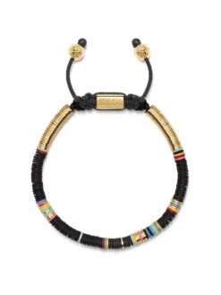 Nialaya Men's Beaded Bracelet With Black Disc Beads And Gold