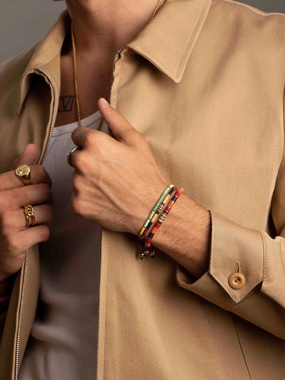 Nialaya Men's Beaded Bracelet With Black, Yellow And Red Mini Disc Beads 2 Nialaya Men's Beaded Bracelet With Black, Yellow And Red Mini Disc Beads - Image 2