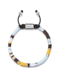 Nialaya Men's Beaded Bracelet With Blue, Brown, Orange, White, And Silver Disc Beads