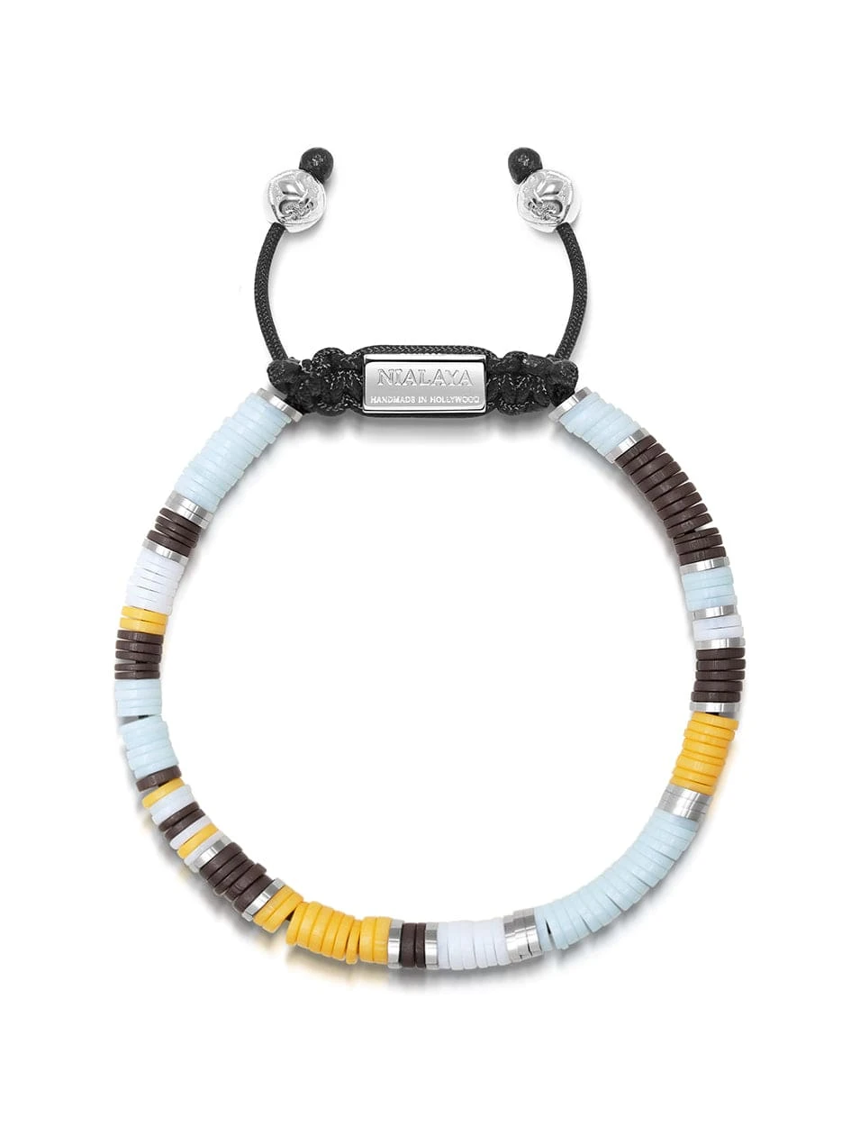 Nialaya Men's Beaded Bracelet With Blue, Brown, Orange, White, And Silver Disc Beads 1 Nialaya Men's Beaded Bracelet With Blue, Brown, Orange, White, And Silver Disc Beads