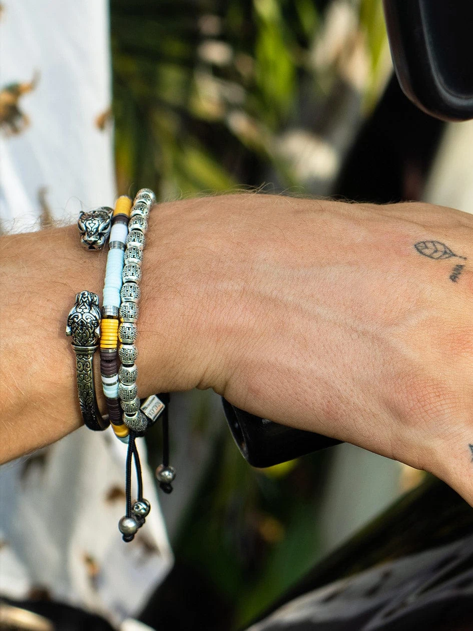 Nialaya Men's Beaded Bracelet With Blue, Brown, Orange, White, And Silver Disc Beads 5 Nialaya Men's Beaded Bracelet With Blue, Brown, Orange, White, And Silver Disc Beads - Image 5