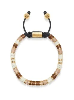 Nialaya Men's Beaded Bracelet With Brown, Beige And Gold Disc Beads