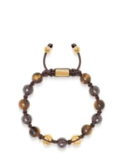 Nialaya Men's Beaded Bracelet With Burgundy Ceramic, Tiger Eye And Gold Balls