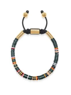 Nialaya Men's Beaded Bracelet With Dark Green And Gold Disc Beads