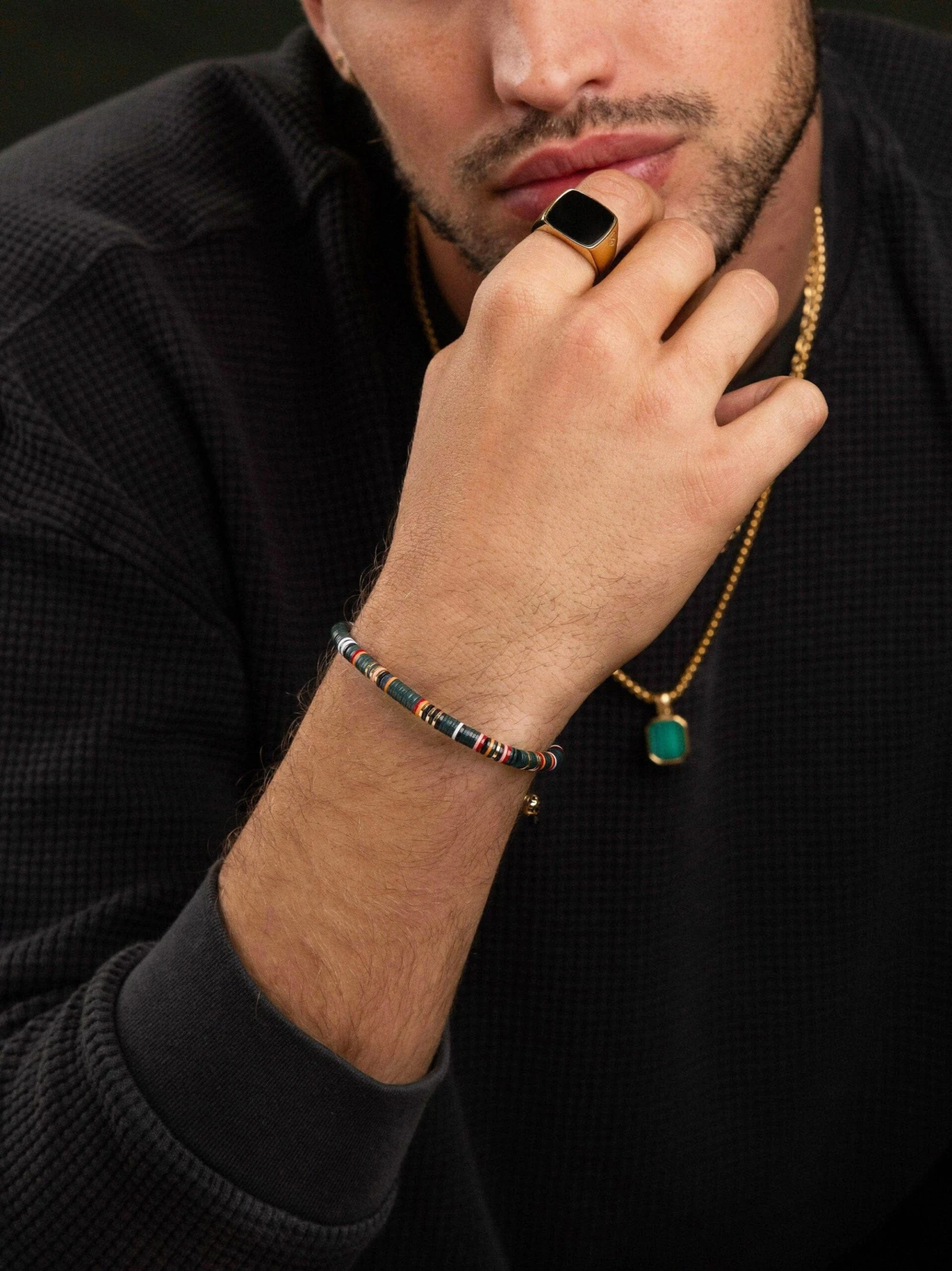 Nialaya Men's Beaded Bracelet With Dark Green And Gold Disc Beads 2 Nialaya Men's Beaded Bracelet With Dark Green And Gold Disc Beads - Image 2