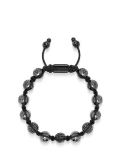 Nialaya Men's Beaded Bracelet With Glossy Black Ceramic & CZ Beads