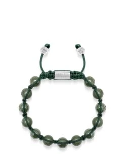 Nialaya Men's Beaded Bracelet With Glossy Green, Matte Green Ceramic & Silver