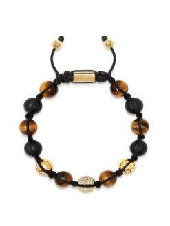 Nialaya Men's Beaded Bracelet With Gold, CZ Diamond, Matte Onyx, And Brown Tiger Eye