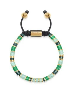 Nialaya Men's Beaded Bracelet With Light Green And Gold Disc Beads