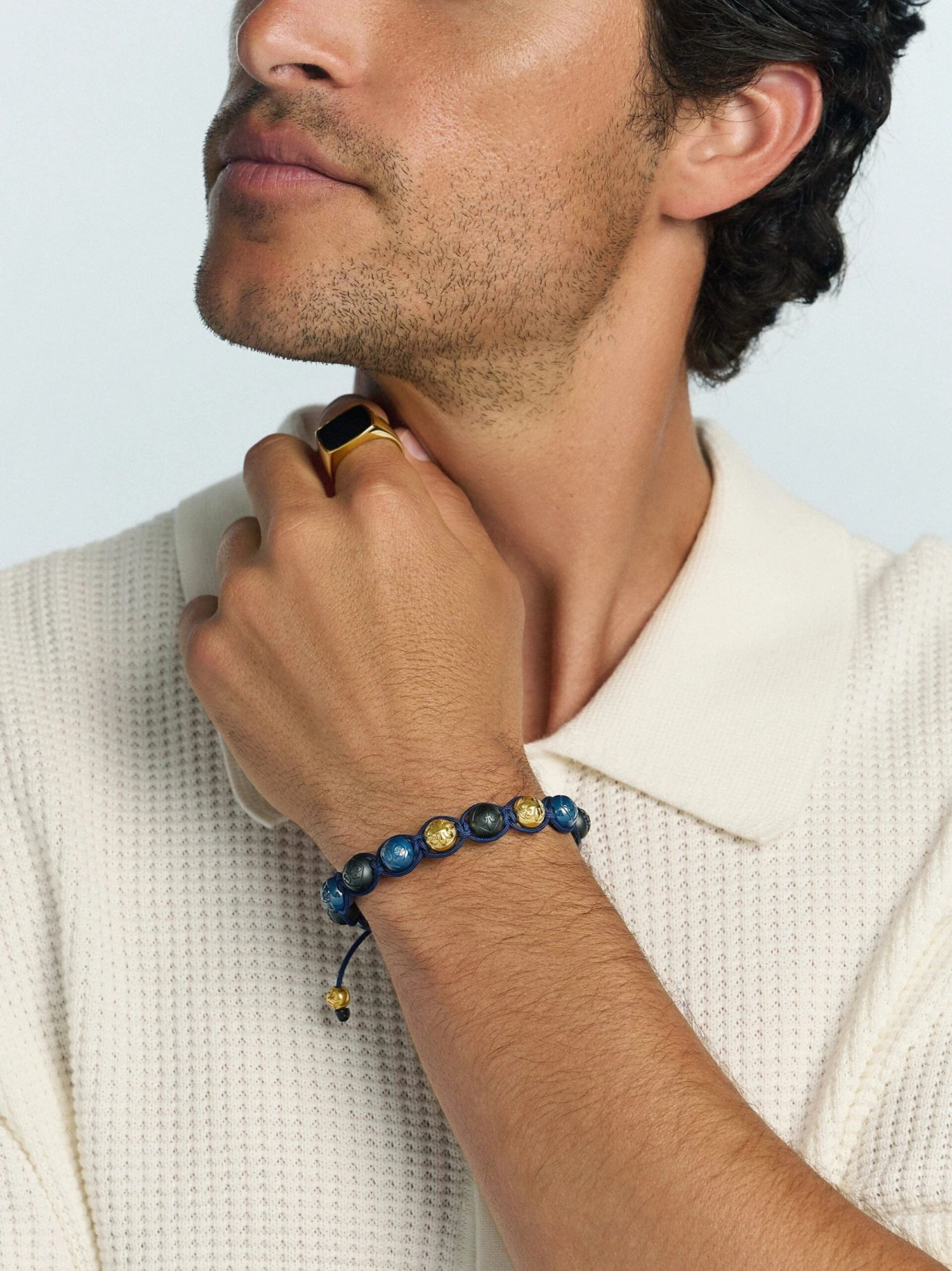 Nialaya Men's Beaded Bracelet With Matte Black, Glossy Blue Ceramic & Gold Beads 2 Nialaya Men's Beaded Bracelet With Matte Black, Glossy Blue Ceramic & Gold Beads - Image 2