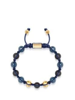 Nialaya Men's Beaded Bracelet With Matte Black, Glossy Blue Ceramic & Gold Beads