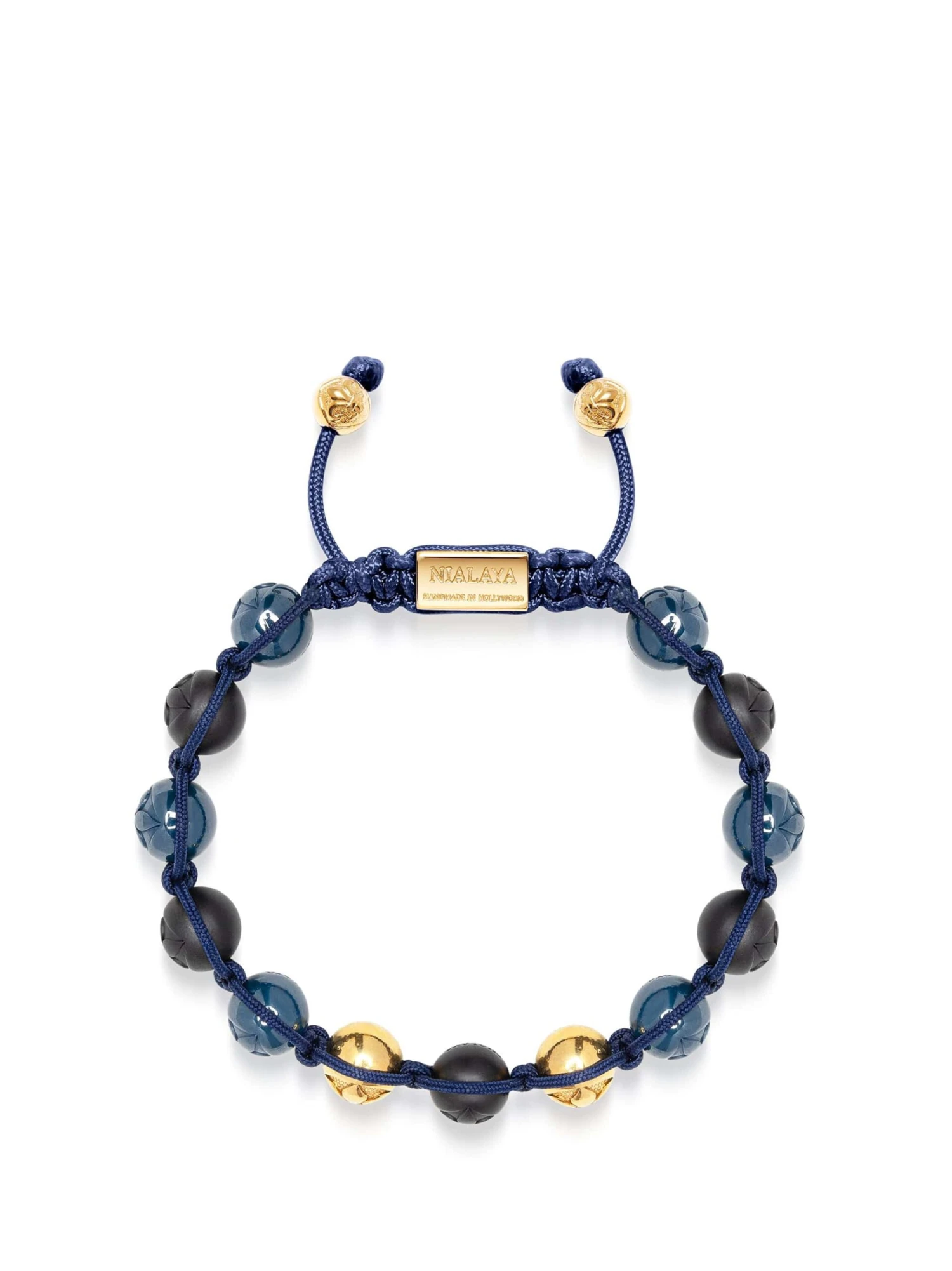 Nialaya Men's Beaded Bracelet With Matte Black, Glossy Blue Ceramic & Gold Beads 1 Nialaya Men's Beaded Bracelet With Matte Black, Glossy Blue Ceramic & Gold Beads