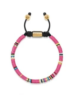 Nialaya Men's Beaded Bracelet With Pink And Gold Disc Beads