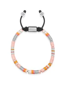 Nialaya Men's Beaded Bracelet With Pink And Silver Disc Beads