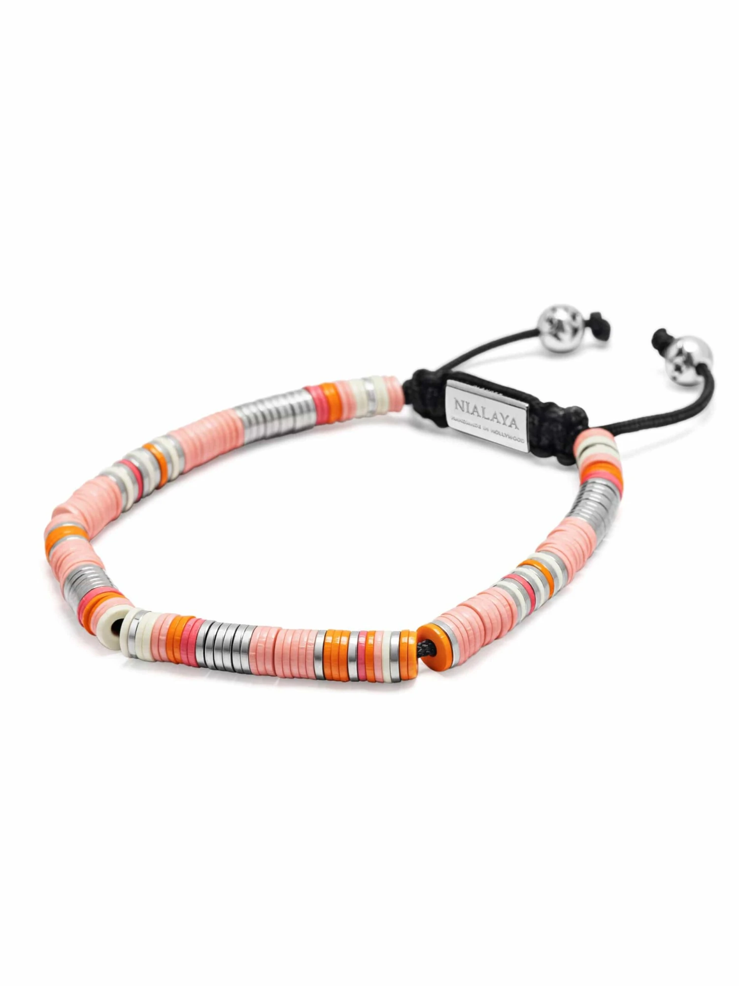 Nialaya Men's Beaded Bracelet With Pink And Silver Disc Beads 3 Nialaya Men's Beaded Bracelet With Pink And Silver Disc Beads - Image 3