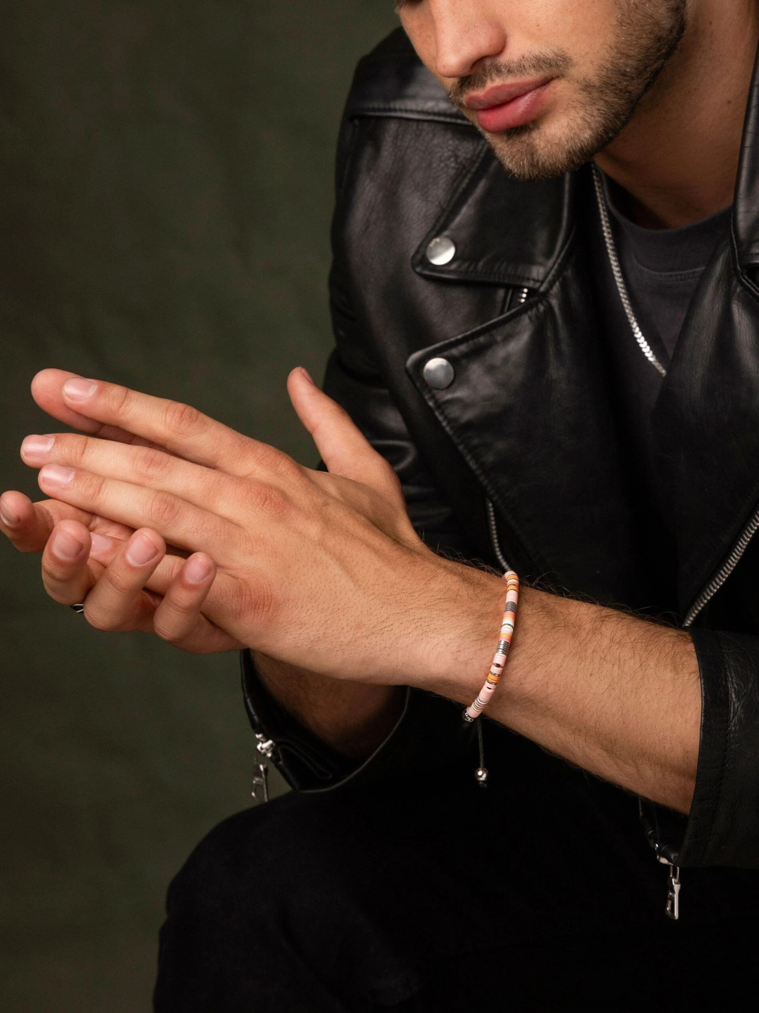 Nialaya Men's Beaded Bracelet With Pink And Silver Disc Beads 2 Nialaya Men's Beaded Bracelet With Pink And Silver Disc Beads - Image 2