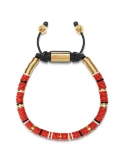 Nialaya Men's Beaded Bracelet With Red, White And Gold Disc Beads