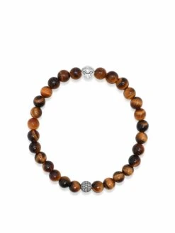 Nialaya Men's Black Diamond Wristband With Brown Tiger Eye