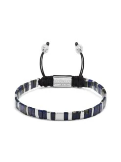 Nialaya Men's Bracelet With Marbled Blue And Silver Miyuki Tila Beads