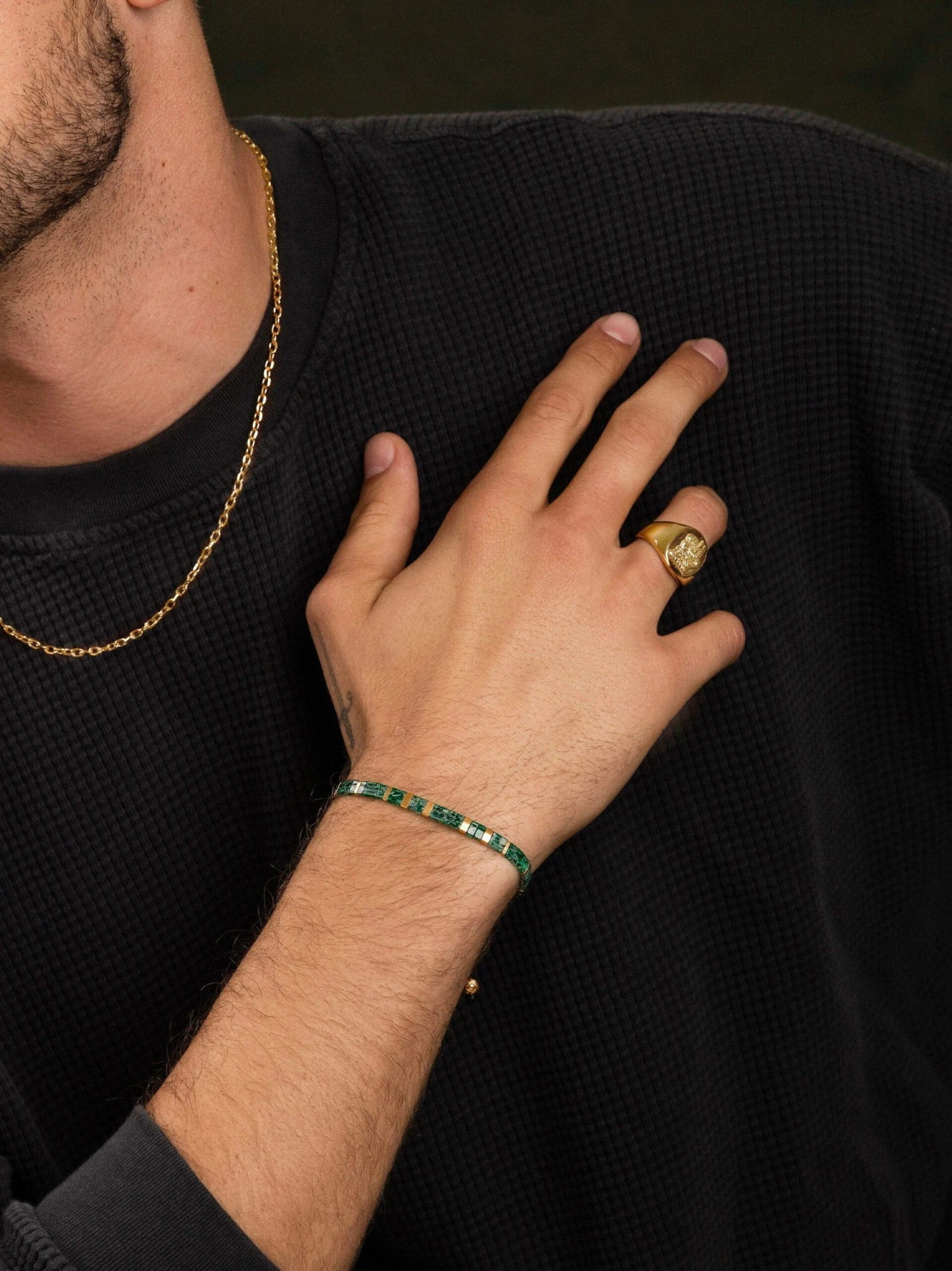 Nialaya Men's Bracelet With Marbled Green And Gold Miyuki Tila Beads 2 Nialaya Men's Bracelet With Marbled Green And Gold Miyuki Tila Beads - Image 2