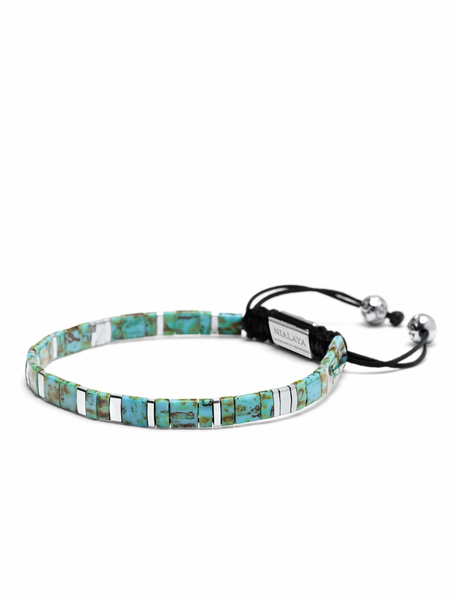 Nialaya Men's Bracelet With Marbled Turquoise And Silver Miyuki Tila Beads 3 Nialaya Men's Bracelet With Marbled Turquoise And Silver Miyuki Tila Beads - Image 3