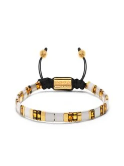Nialaya Men's Bracelet With White, Marbled Amber And Gold Miyuki Tila Beads