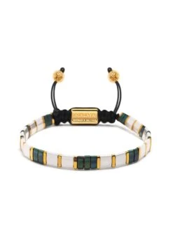 Nialaya Men's Bracelet With White, Patina Green And Gold Miyuki Tila Beads
