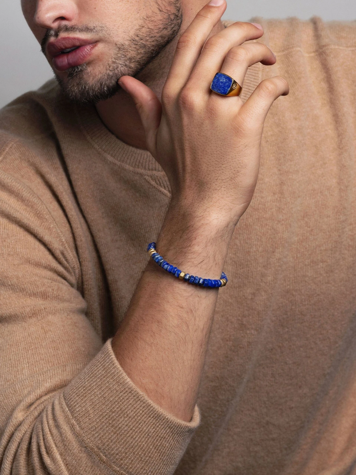 Nialaya Men's Hexagon Beaded Bracelet With Blue Lapis And Gold 2 Nialaya Men's Hexagon Beaded Bracelet With Blue Lapis And Gold - Image 2