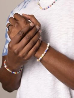 Nialaya Men's Pearl Wristband With Hand-Painted Glass Beads 10 Nialaya Men's Pearl Wristband With Hand-Painted Glass Beads -Nialaya Jewelry Store nialaya men s beaded bracelet men s pearl wristband with hand painted glass beads 28603417493576