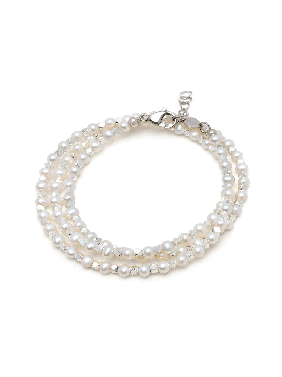 Nialaya Men's Silver Wrap-Around Bracelet With Pearls 3 Nialaya Men's Silver Wrap-Around Bracelet With Pearls - Image 3