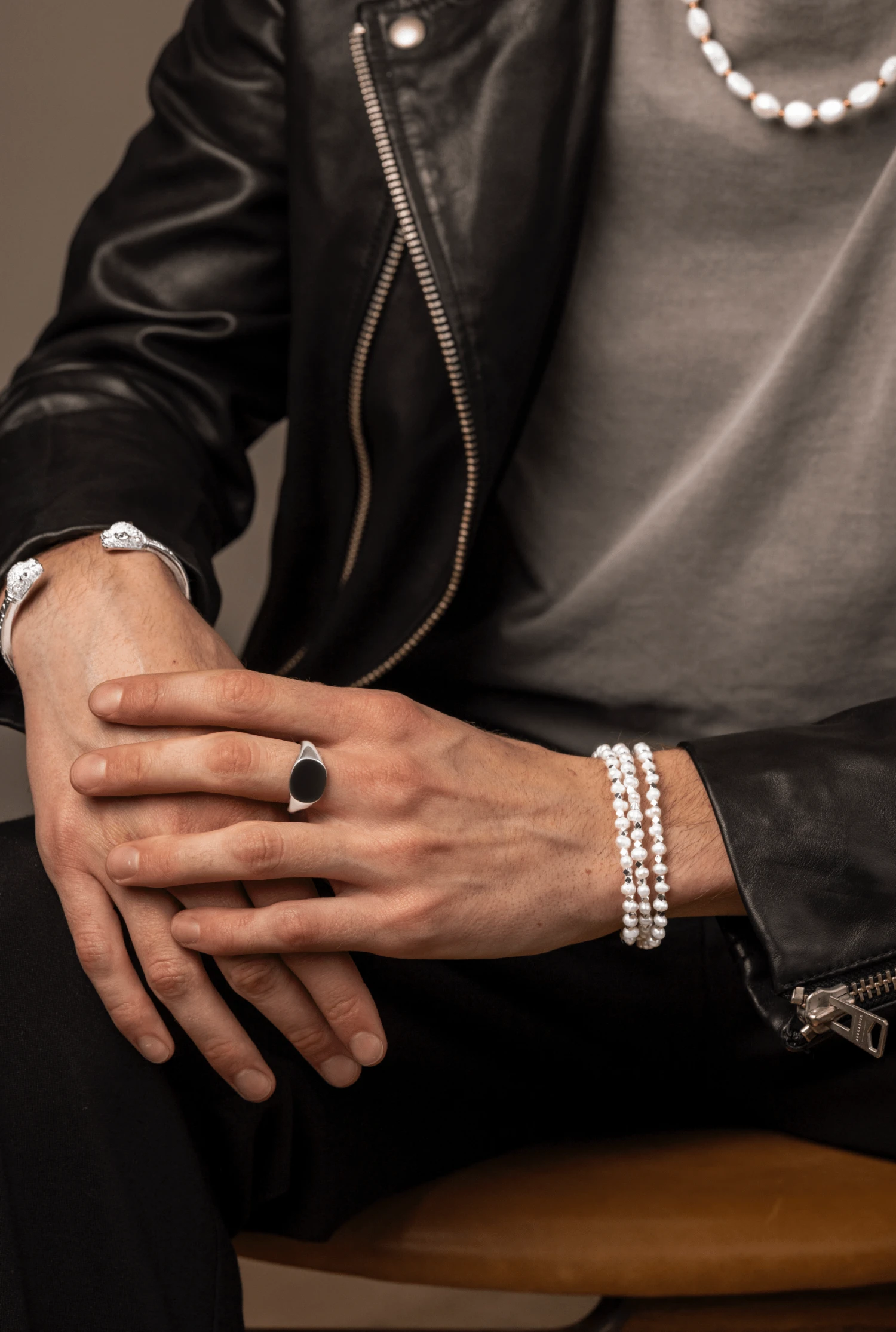 Nialaya Men's Silver Wrap-Around Bracelet With Pearls 2 Nialaya Men's Silver Wrap-Around Bracelet With Pearls - Image 2