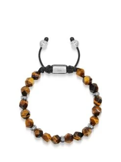 Nialaya Men's Sterling Silver Faceted Beaded Bracelet With Brown Tiger Eye