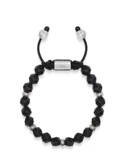 Nialaya Men's Sterling Silver Faceted Beaded Bracelet With Matte Black Onyx