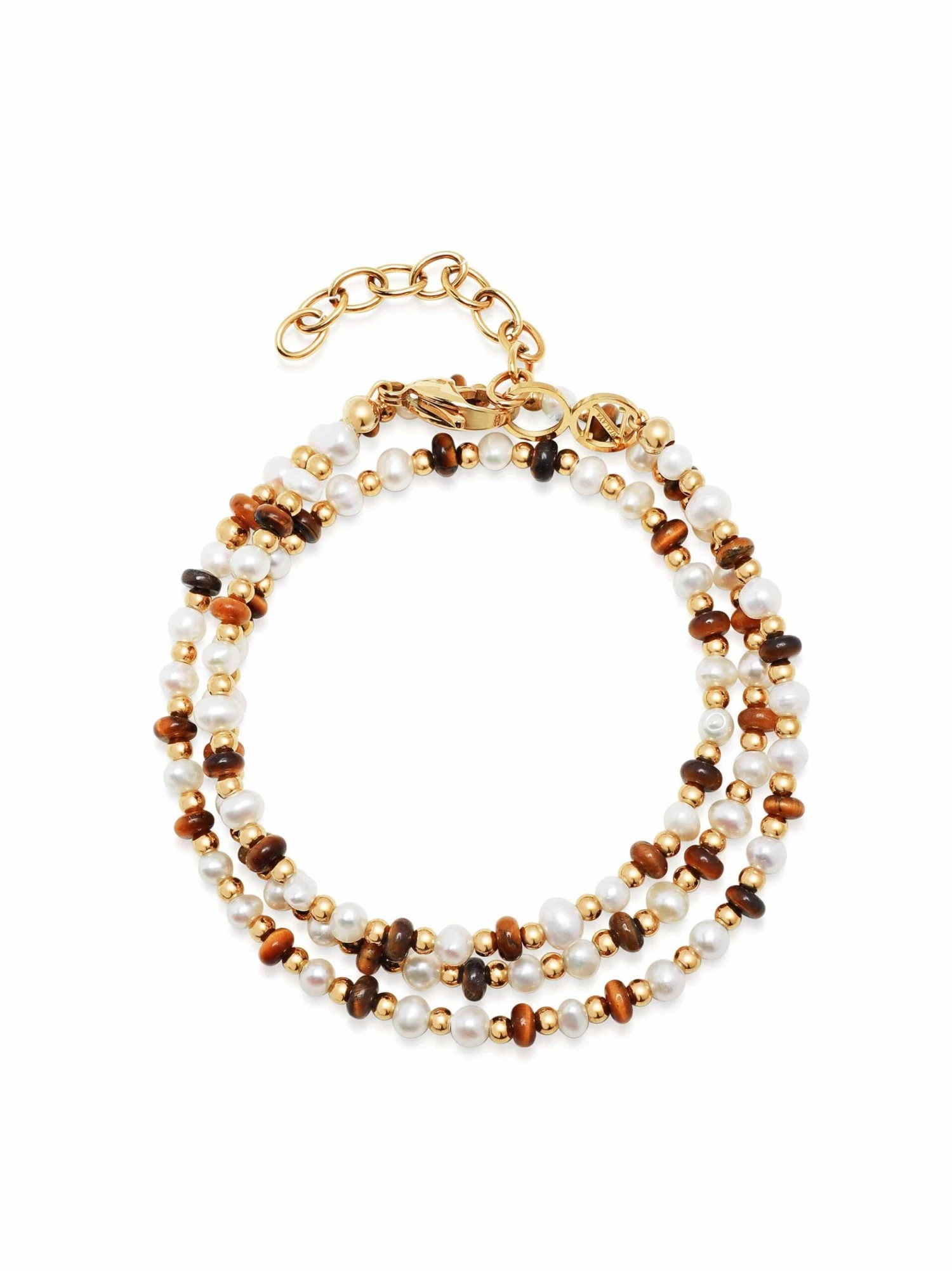 Nialaya Men's Wrap Bracelet With White Pearls, Brown Tiger Eye, And Gold 1 Nialaya Men's Wrap Bracelet With White Pearls, Brown Tiger Eye, And Gold