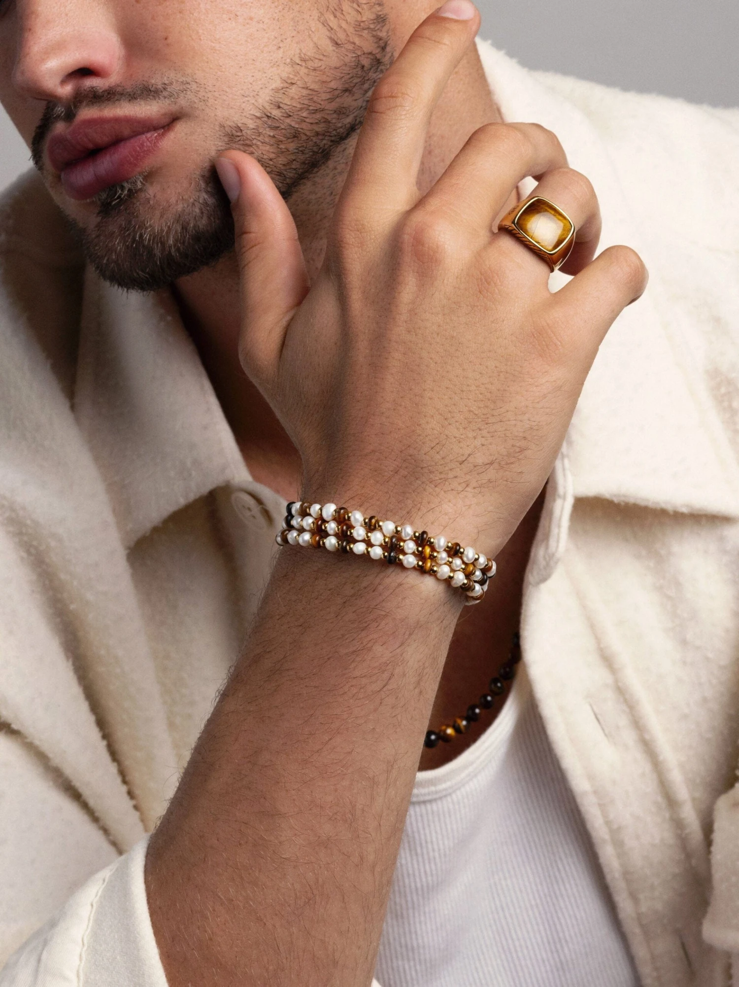 Nialaya Men's Wrap Bracelet With White Pearls, Brown Tiger Eye, And Gold 2 Nialaya Men's Wrap Bracelet With White Pearls, Brown Tiger Eye, And Gold - Image 2