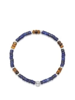 Nialaya Men's Wristband With Blue Lapis And Brown Tiger Eye Heishi Beads