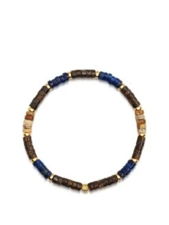 Nialaya Men's Wristband With Blue Lapis, Jasper, Gold, And Coconut Heishi Beads