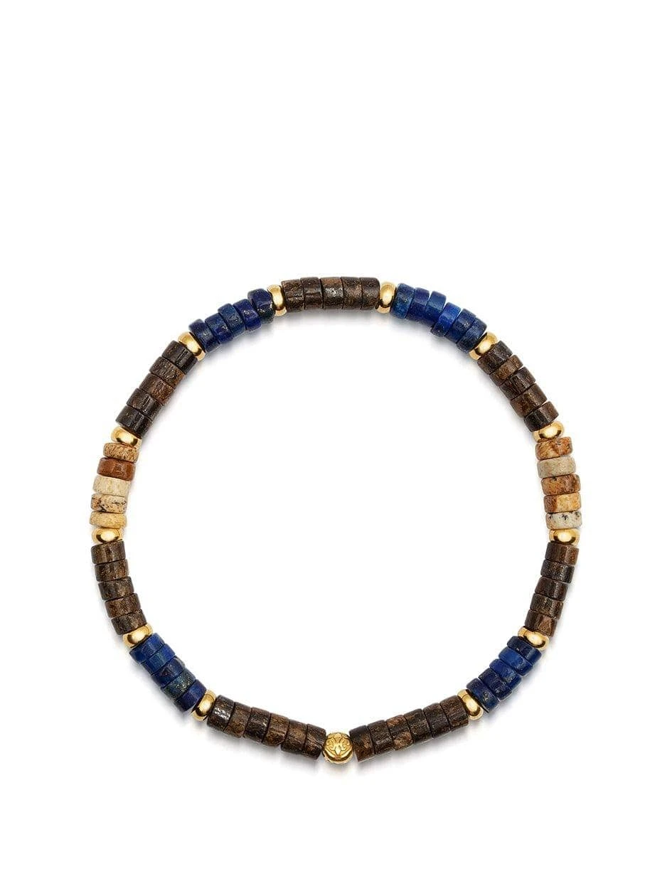 Nialaya Men's Wristband With Blue Lapis, Jasper, Gold, And Coconut Heishi Beads 1 Nialaya Men's Wristband With Blue Lapis, Jasper, Gold, And Coconut Heishi Beads