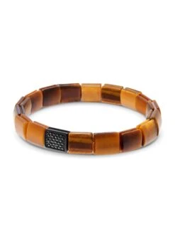 Nialaya Men's Wristband With Brown Tiger Eye And Black CZ Diamond Flatbeads