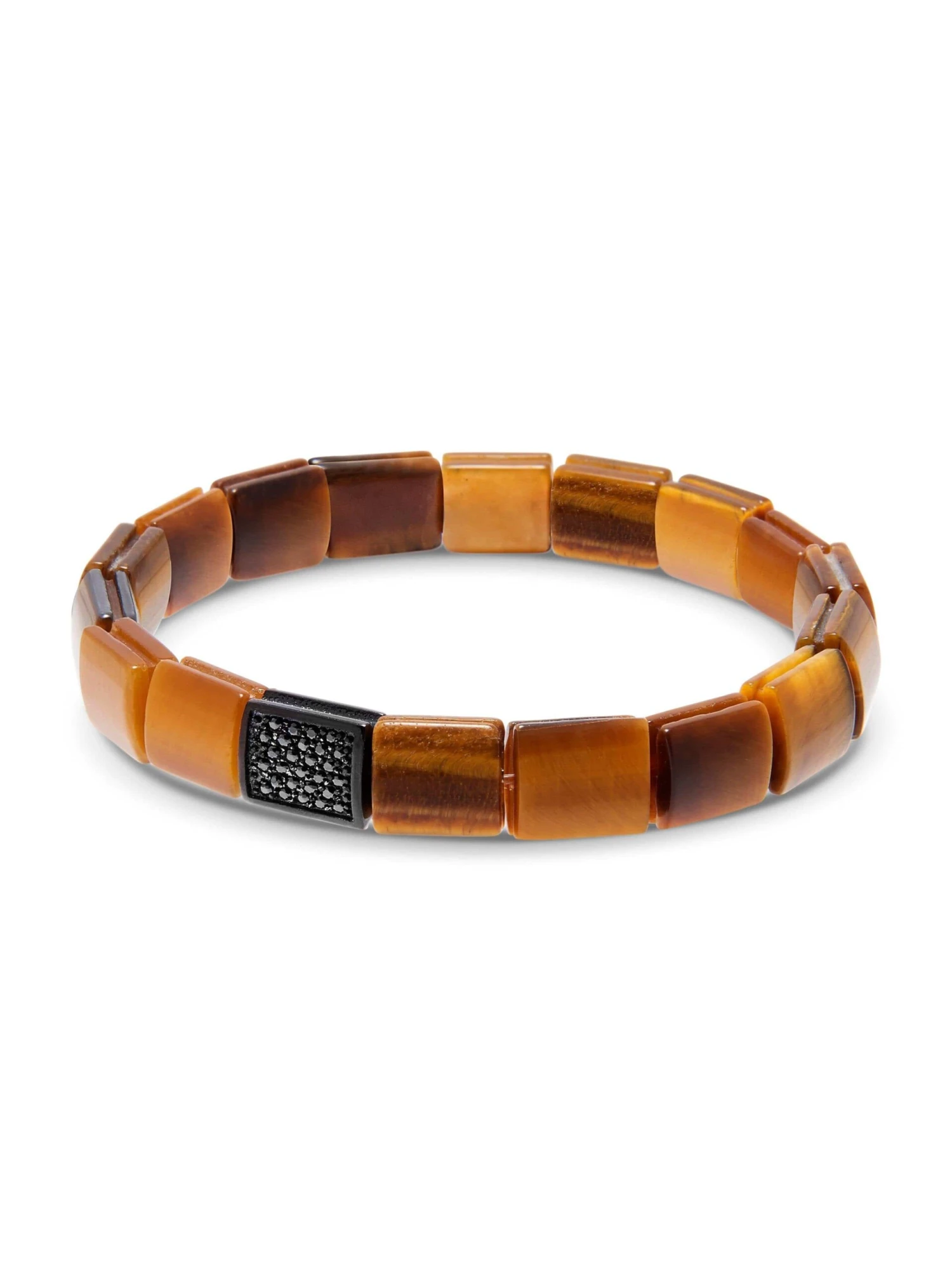 Nialaya Men's Wristband With Brown Tiger Eye And Black CZ Diamond Flatbeads 1 Nialaya Men's Wristband With Brown Tiger Eye And Black CZ Diamond Flatbeads