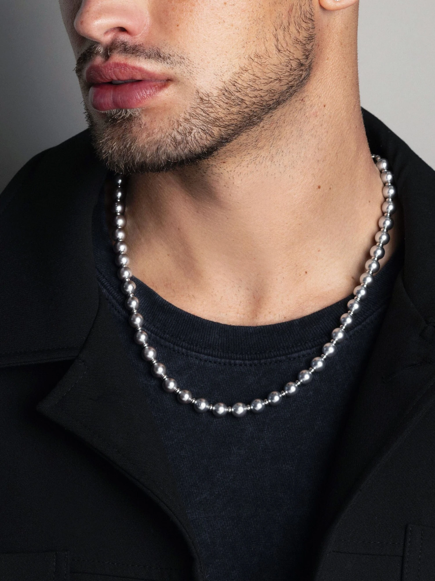 Nialaya 8mm Metallic Pearl Necklace With Silver 2 Nialaya 8mm Metallic Pearl Necklace With Silver - Image 2