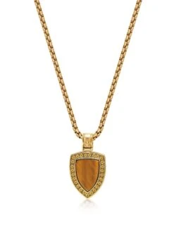Nialaya Gold Necklace With Brown Tiger Eye Shield Pendant