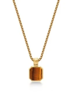 Nialaya Gold Necklace With Square Brown Tiger Eye Pendant