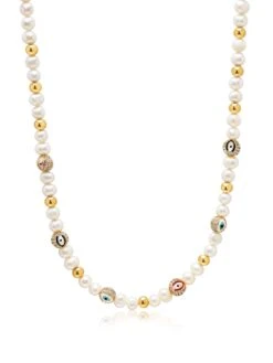 Nialaya Men's Evil Eye Pearl Necklace