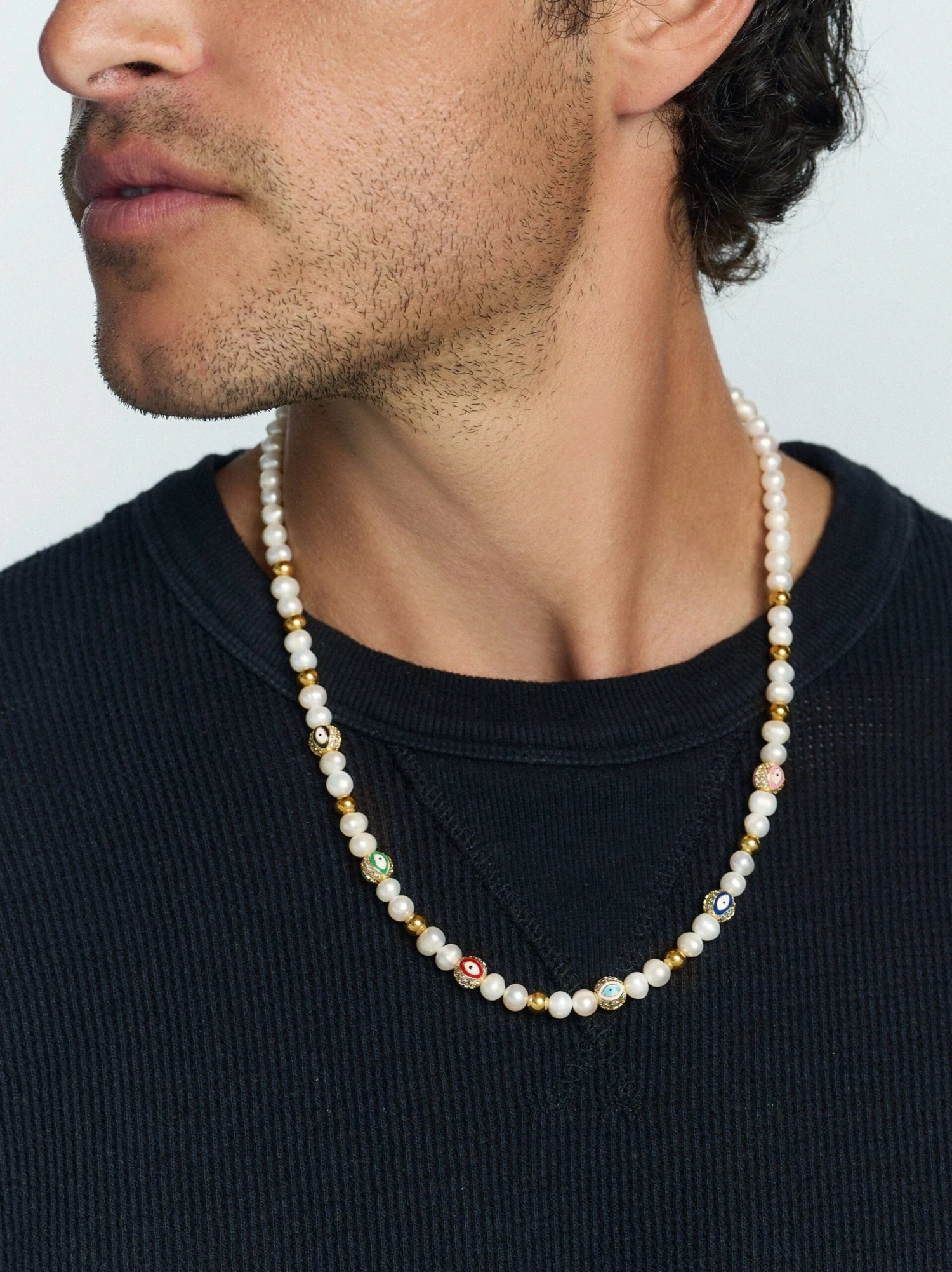 Nialaya Men's Evil Eye Pearl Necklace 2 Nialaya Men's Evil Eye Pearl Necklace - Image 2