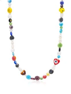 Nialaya Men's Mushroom Pearl Choker With Assorted Beads