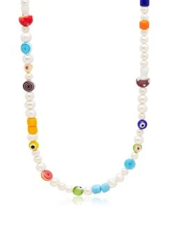 Nialaya Men's Pearl Necklace With Playful Glass Beads
