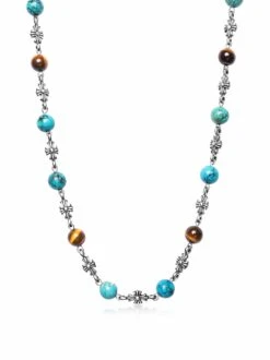 Nialaya Men's Silver Cross Chain With Turquoise And Brown Tiger Eye